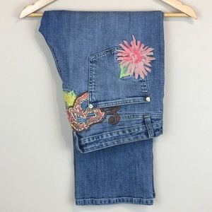 Enyce Blue Cropped Jeans with Floral Embroidery